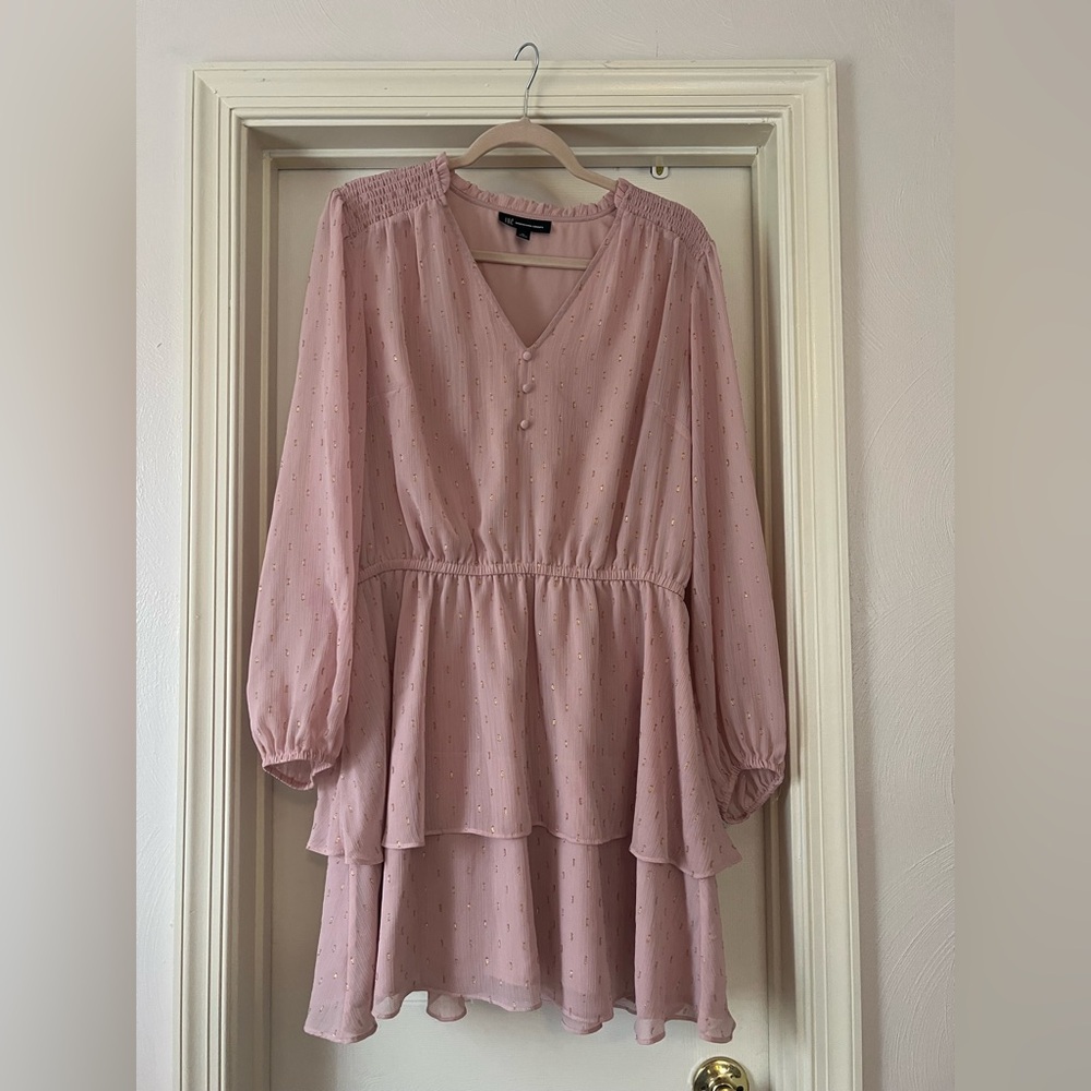 EUC Metallic & Pink Clip-Dot Ruffle Long Sleeve Dress